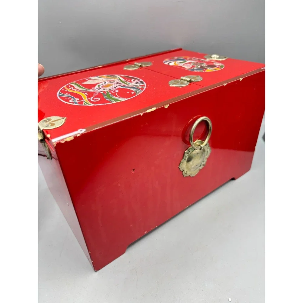 Vintage Red Lacquer Jewelry Box Sun Moon Deer Inlay Brass Accents Asian‎